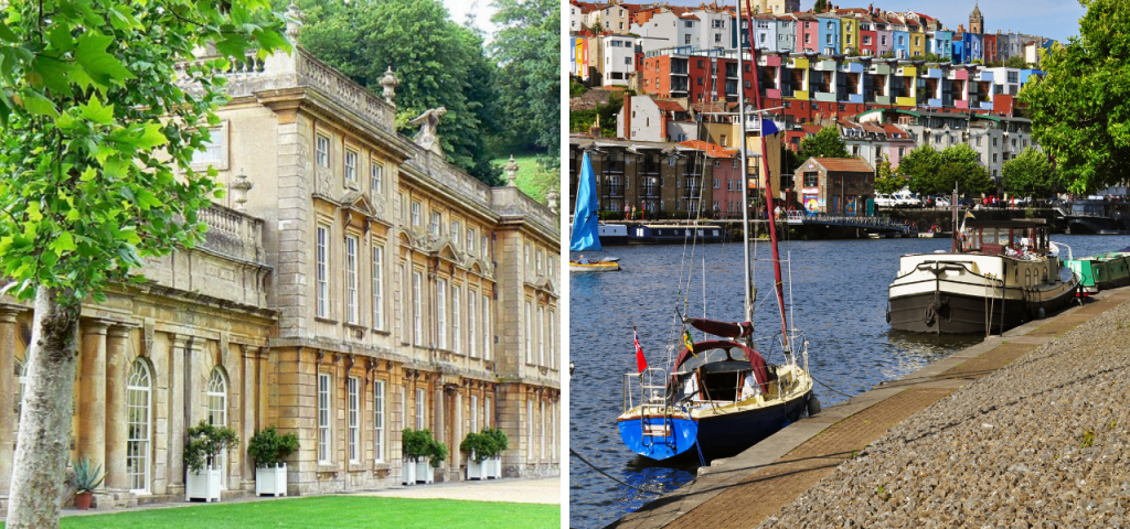 Dyrham Park country estate and 'skittles' coloured houses along the river Avon