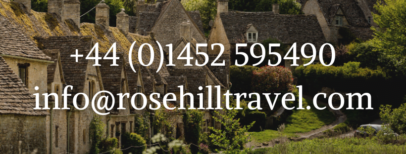 An image of Bibury with the phone number and email address for Rosehill Travel over the top.
The phone number is +44 (0)1452 595490 and the email is info@rosehilltravel.com